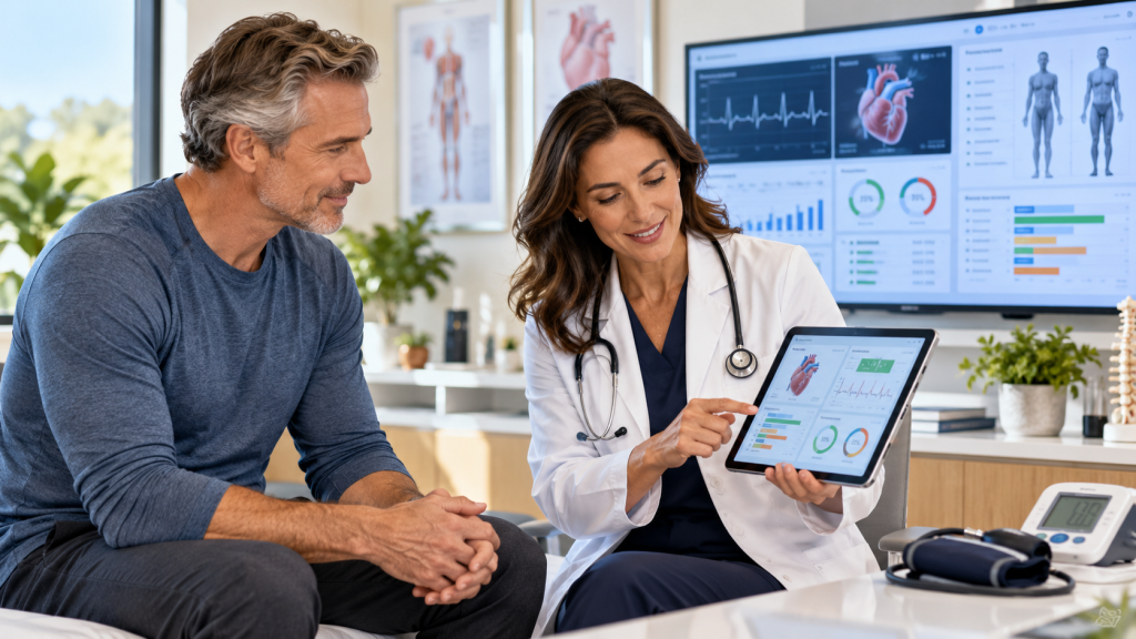 Age Management Medicine physician reviewing preventive health assessments to support healthy aging and longevity.