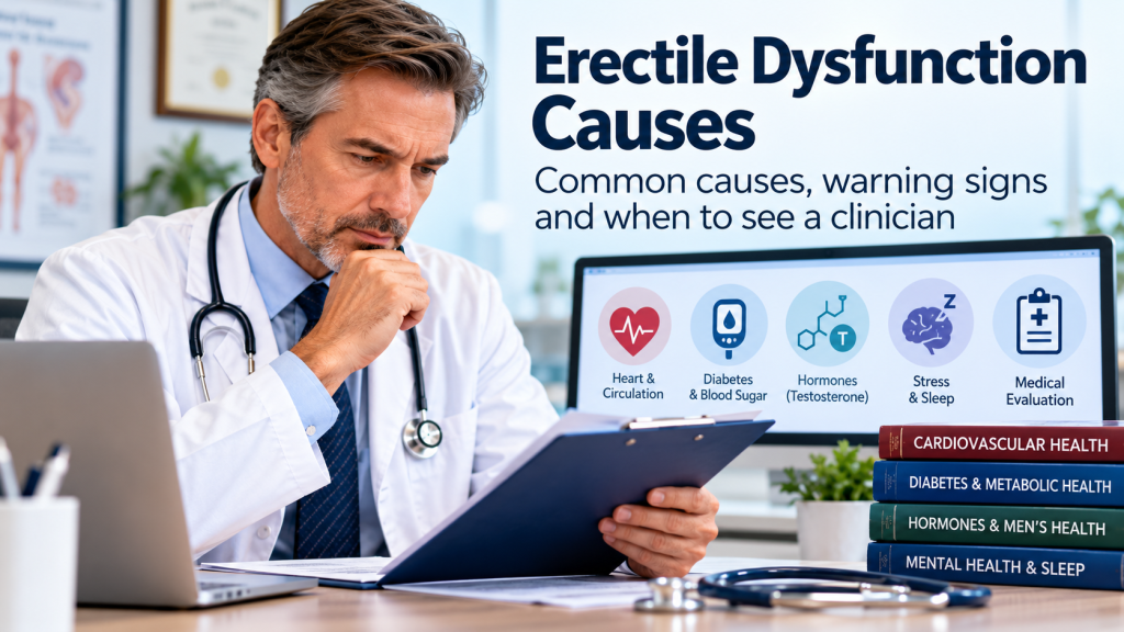 Erectile Dysfunction Causes medical illustration showing common physical and psychological causes of ED