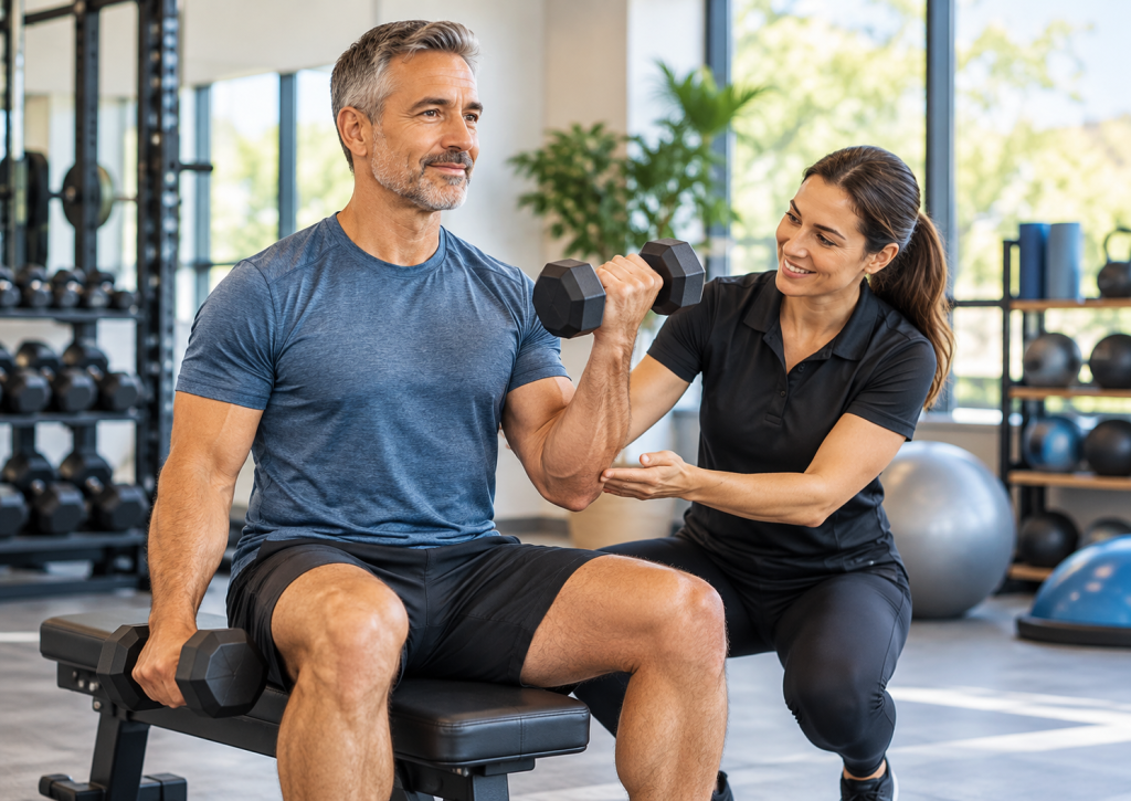 Strength Training After 40 — man performing safe resistance exercises to maintain muscle strength and support healthy aging.
